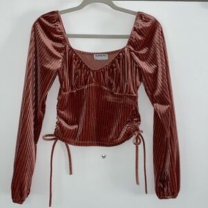 Sophie Rue Velvet Long Sleeve Crop Top with Ruched Sides with Ties in Mauve XS